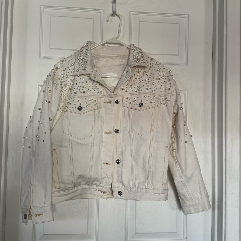 Frame Brand Embellished White Denim Jacket
